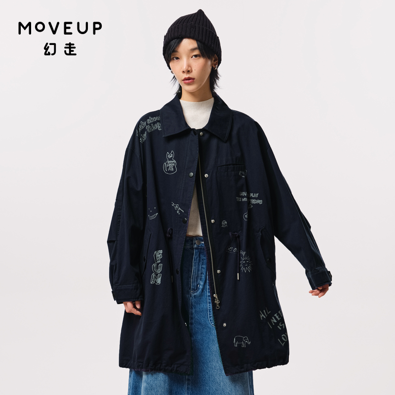 MOVEUP幻走2023秋季新款.FUN系列翻领抽绳印花设计师中长款风衣女