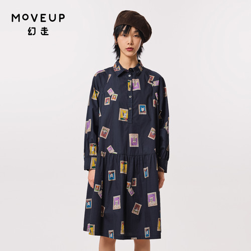 MOVEUP幻走2023秋季新款.FUN系列衬衫领趣味印花设计师纯棉连衣裙