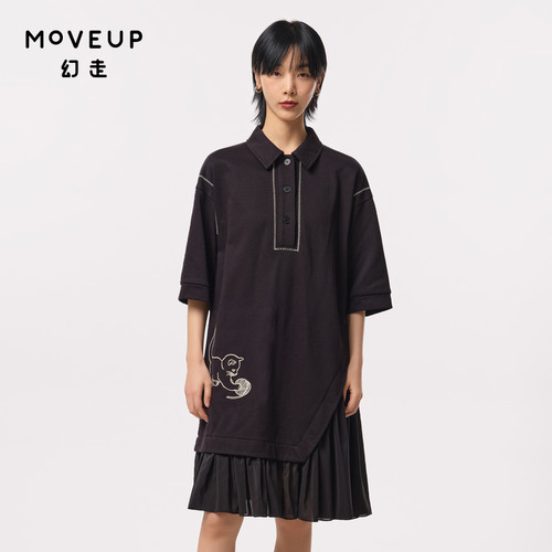 MOVEUP幻走2023初秋新款.FUN系列猫咪绣花拼接翻领休闲针织连衣裙