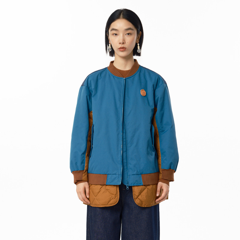 MOVEUP幻走2024冬季新款.FUN系列棒球领撞布拼接中长款羽绒服女