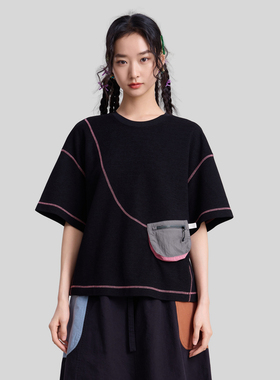 MOVEUP幻走2026春季新款.FUN系列圆领撞色线包包设计短款T恤女