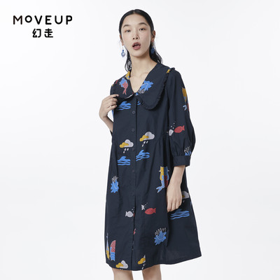 MOVEUP幻走2023春季新款.FUN系列大翻领花边印花设计师纯棉连衣裙