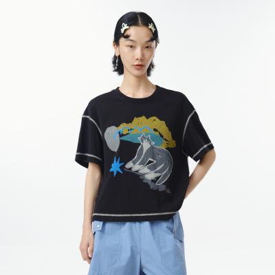 MOVEUP幻走2025春季新款.FUN系列圆领哈苏线纯棉设计短款T恤女