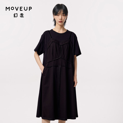 MOVEUP幻走2023秋季新款.FUN系列假两件口袋设计师纯棉针织连衣裙