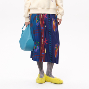 MOVEUP幻走2025冬季新款.FUN系列丈根腰头趣味印花压褶复古半身裙