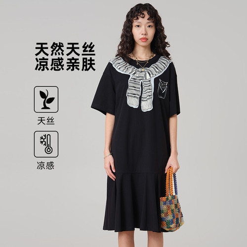 MOVEUP幻走2026夏季新款.FUN系列圆领围巾印花口袋休闲针织连衣裙