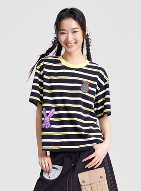 MOVEUP幻走2026春季新款.FUN系列纯棉圆领撞色条纹绣花短款T恤女