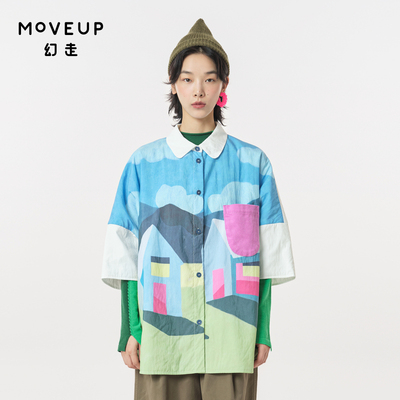 MOVEUP幻走2023秋季新款.FUN系列撞色趣味印花设计师中长款衬衫女