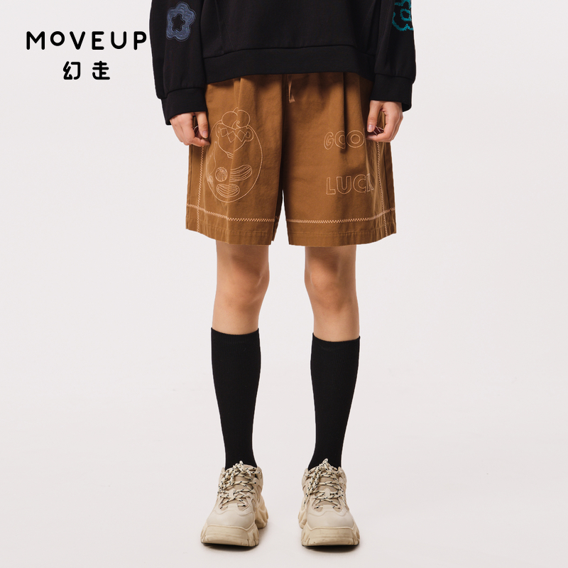 MOVEUP幻走2023秋季新款.FUN系列松紧腰纯棉绣花设计师休闲短裤女