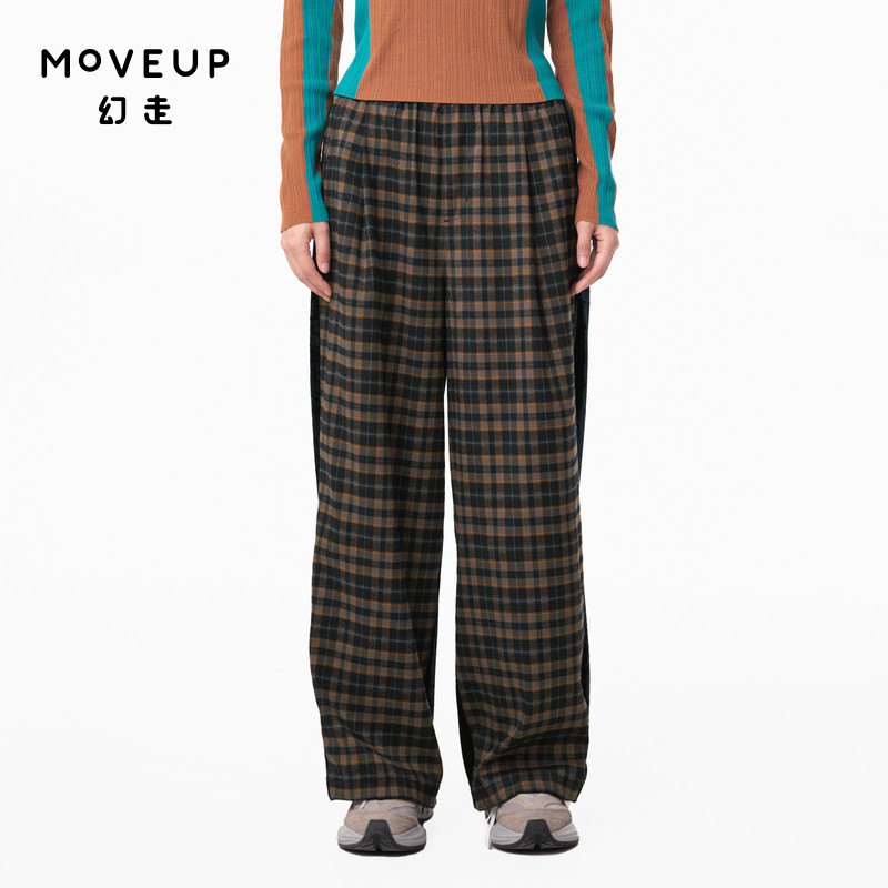 MOVEUP幻走2024秋季新款.FUN系列松紧腰设计师休闲格纹直筒裤女