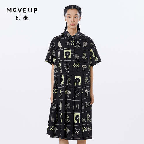 MOVEUP幻走2023夏季新款.FUN系列 翻领印花口袋设计师纯棉连衣裙