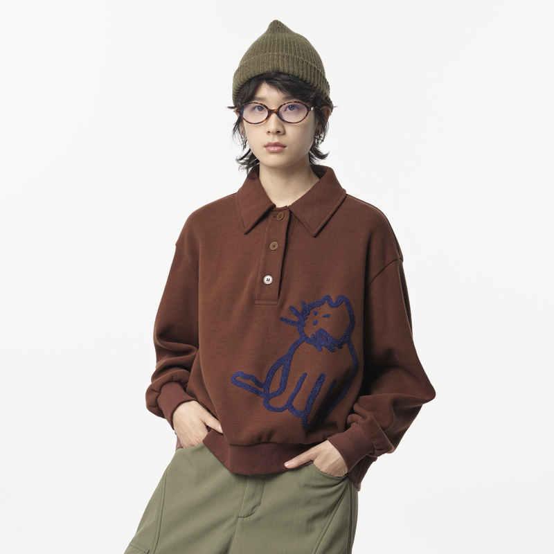 MOVEUP幻走2024冬季新款.FUN系列猫咪毛巾绣花翻领设计短款卫衣女