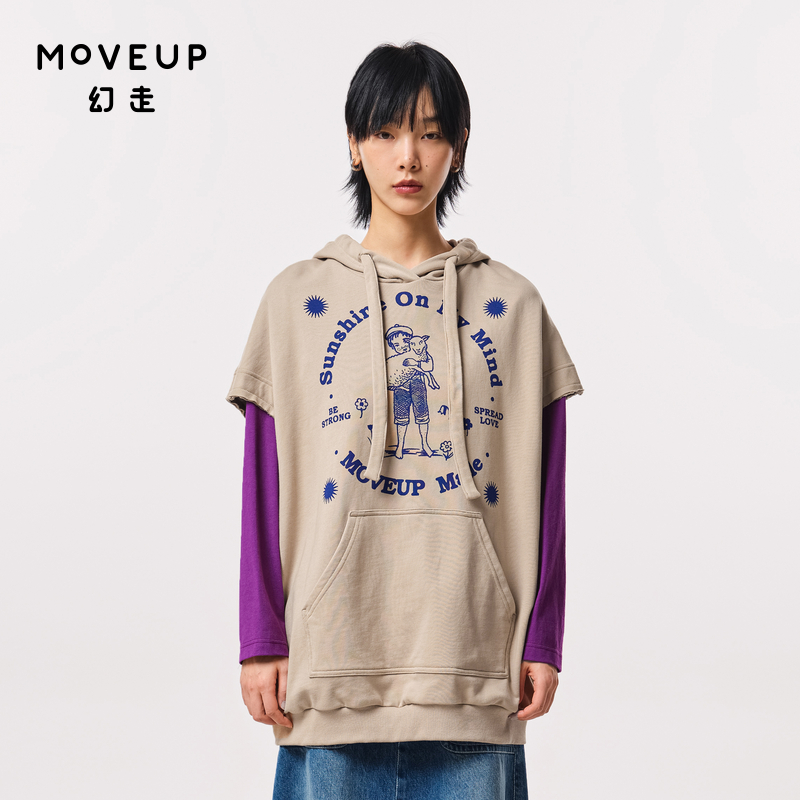 MOVEUP幻走2023秋季新款.FUN系列连帽无袖印花设计师中长款卫衣女