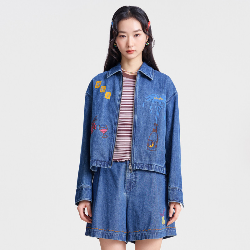 MOVEUP幻走2026春季新款.FUN系列翻领主题绣花口袋休闲牛仔外套女