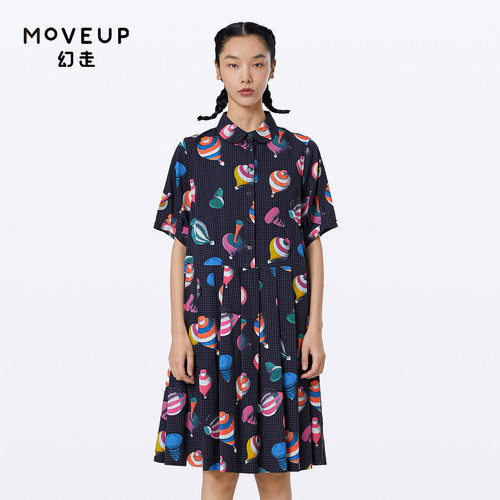 MOVEUP幻走2023夏季新款.FUN系列 翻领纽扣趣味印花设计师连衣裙