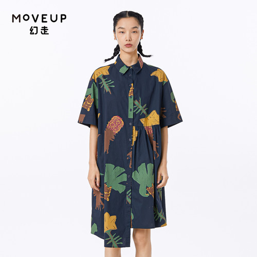 MOVEUP幻走2023夏季.FUN系列 不规则印花宽松休闲纯棉衬衫连衣裙