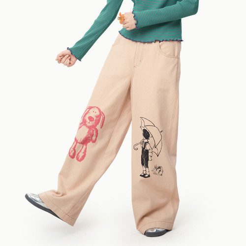 MOVEUP幻走2025春季新款.FUN系列松紧腰印花织唛设计休闲直筒裤女