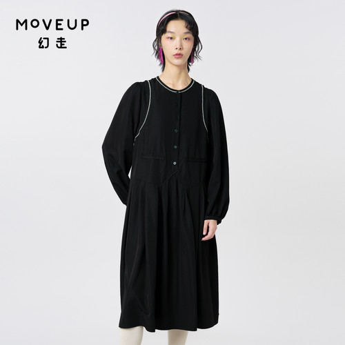 MOVEUP幻走2023秋季新款.FUN系列 撞色绣花线假两件设计师连衣裙