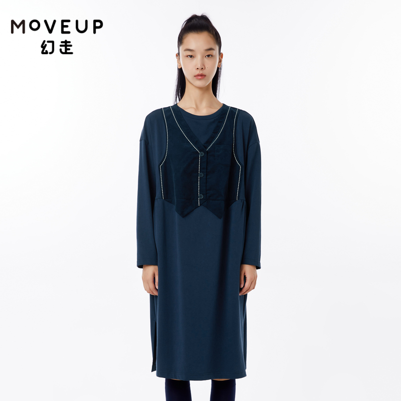 MOVEUP幻走2022秋季新款.FUN系列假两件撞布绣花设计师针织连衣裙
