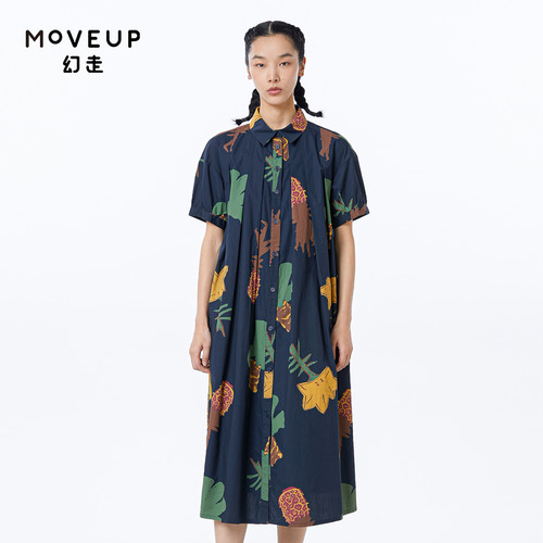 MOVEUP幻走2023夏季新款.FUN系列 翻领印花口袋纯棉设计师连衣裙