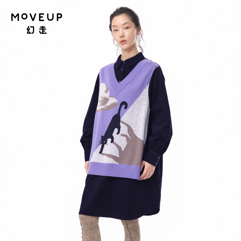MOVEUP幻走2024秋季新款.FUN系列翻领假两件猫咪撞布拼接连衣裙