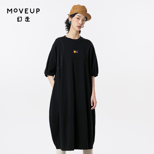 MOVEUP幻走2023秋季新款.FUN系列圆领纯棉绣花设计师针织连衣裙