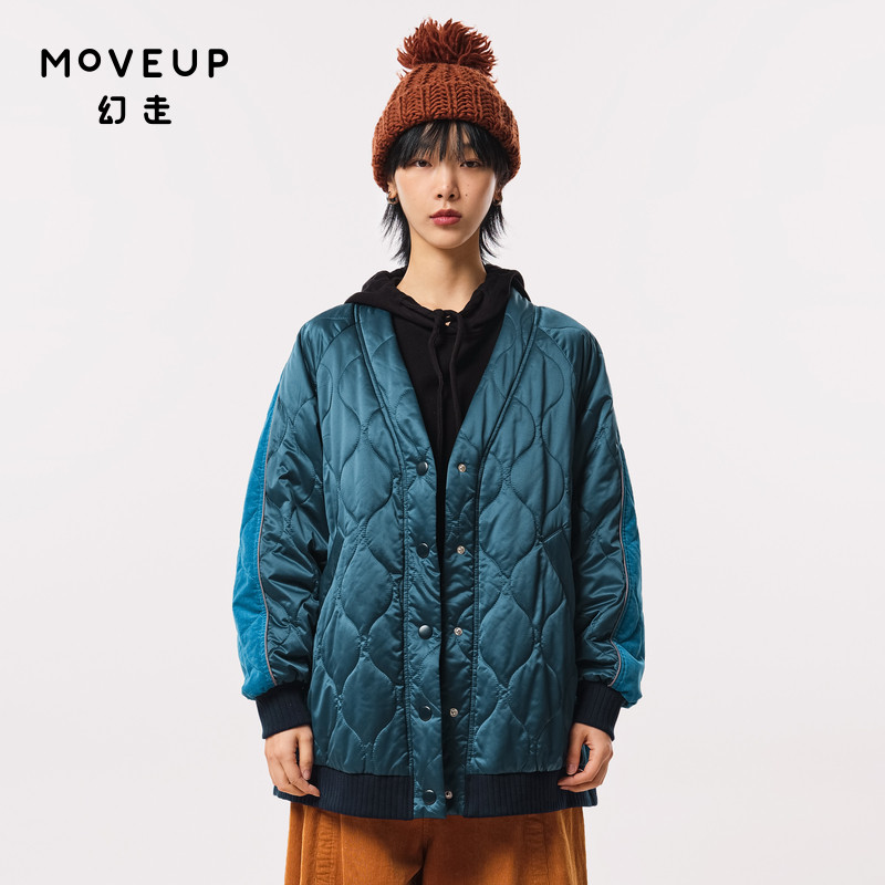 MOVEUP幻走2023秋季.FUN系列 撞色撞布绣花设计师中长款棉外套女