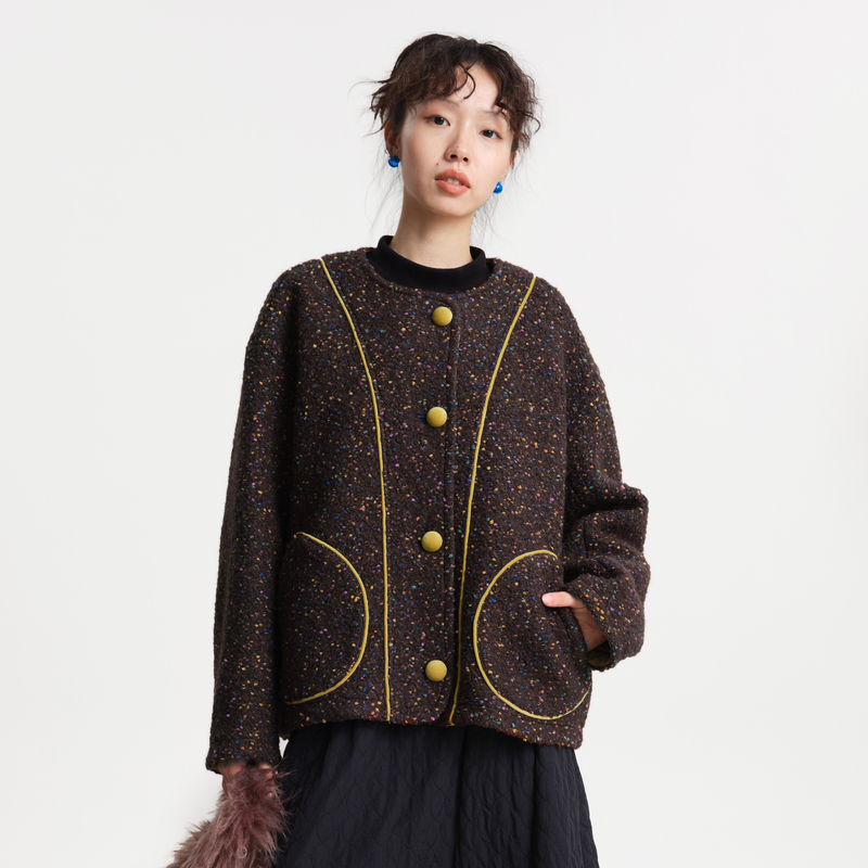 MOVEUP幻走2025冬季新款.FUN系列口袋撞布包边彩点短款毛呢外套女