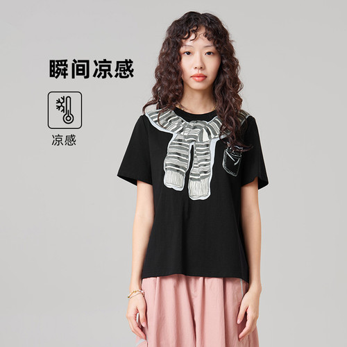 MOVEUP幻走2026夏季新款.FUN系列圆领条纹围巾趣味印花短款T恤女