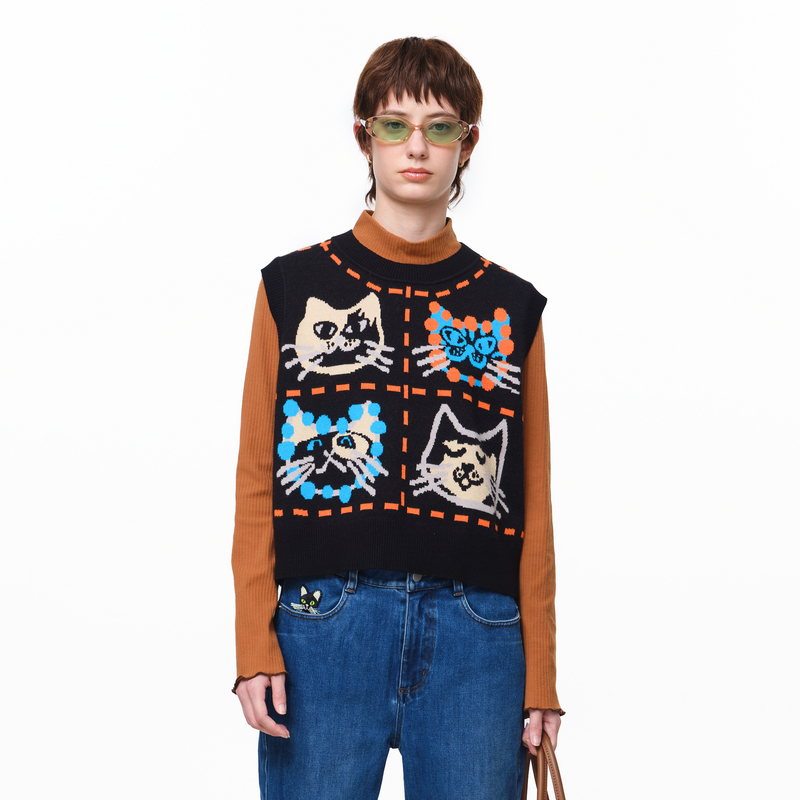 MOVEUP幻走2025秋季新款.FUN系列圆领可爱猫脸图休闲短款背心女