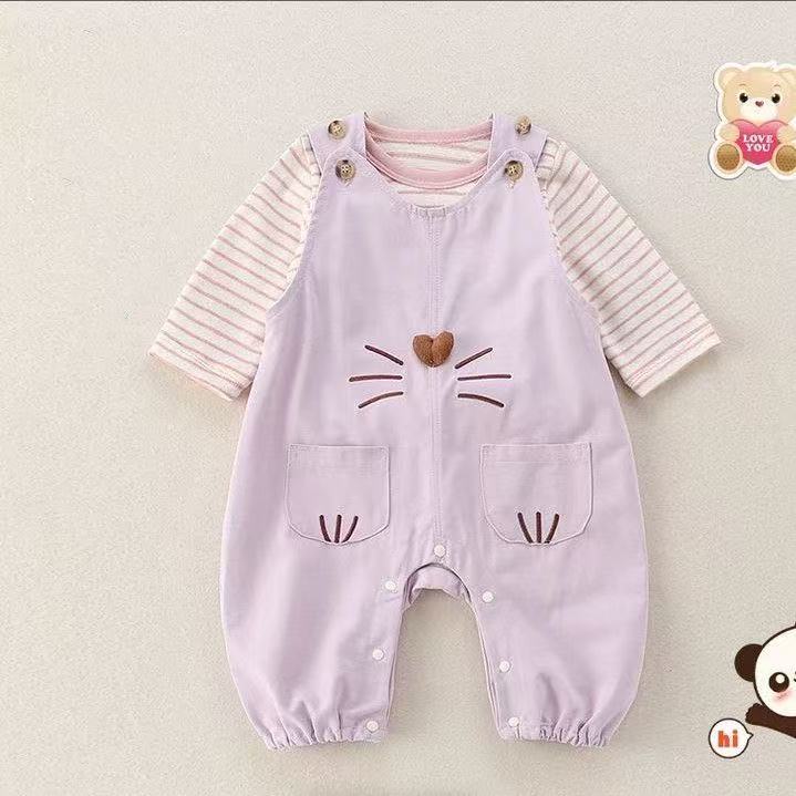 婴儿春秋衣服可爱紫色背带裤套装连身衣/爬服/哈衣