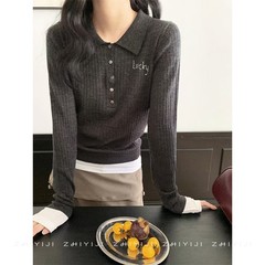 欧洲站YMQY学院风翻领针织衫 秋冬知识分子拼接撞色POLO领羊毛衫