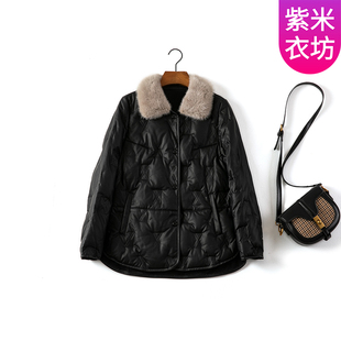 紫米衣坊皮羽绒服女中年妈妈冬季 水貂毛领皮衣夹克白鸭绒外套 新款