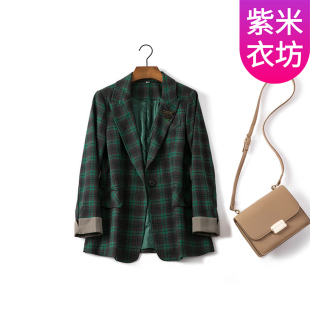 通勤女士春秋休闲小西服 新款 紫米衣坊绿色格子西装 外套女春秋季