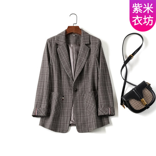洋气气质女士休闲格子西装外套