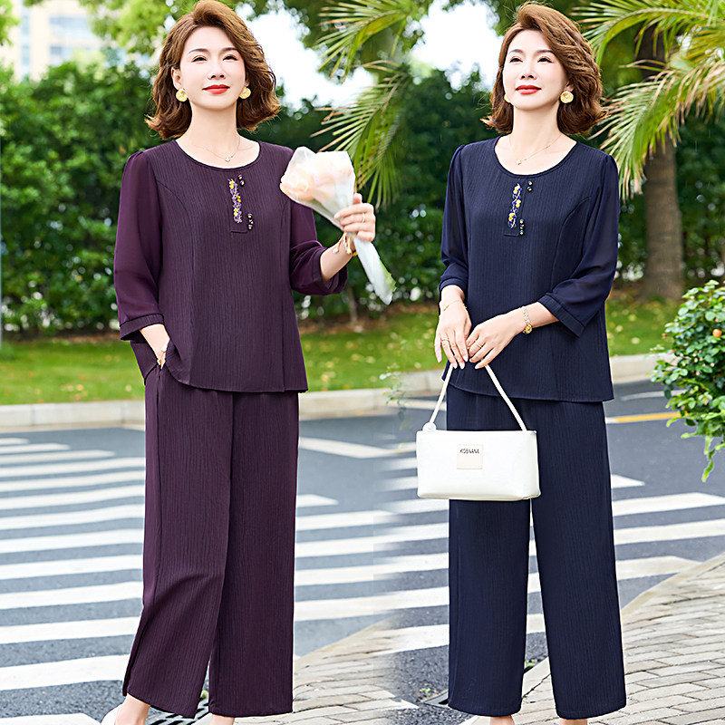 中老年女装七分袖套装妈妈装宽松显瘦气质阔腿裤两件套