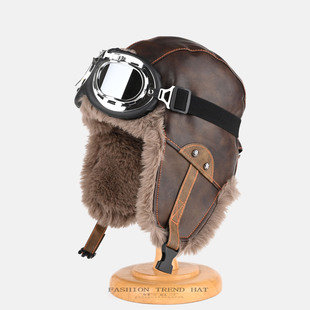 复古飞行员帽子男女冬季加绒PU皮保暖雷锋帽东北户外骑车护耳帽潮