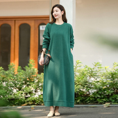 福利 气质显肤白绿色颗粒绒袍子连衣裙原创2025早秋加厚保暖长裙