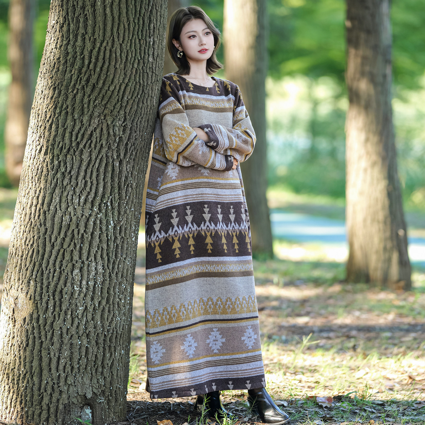 复古民族风文艺简约气质秋冬毛呢袍子连衣裙原创设计女装宽松显瘦