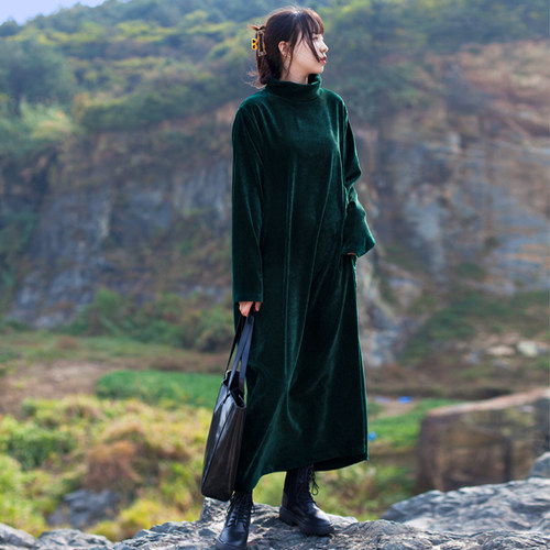 自制 超美墨绿色 2025年原创秋冬长袖连衣裙打底衫套头长裙