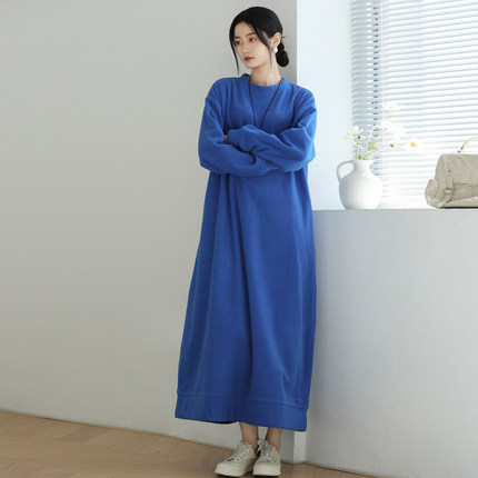 巨显白！气质蓝颗粒绒加厚保暖卫衣宽松袍子连衣裙秋冬原创 长裙
