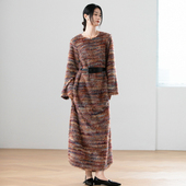 韩系小众设计毛茸茸条纹彩色针织袍子连衣裙早秋原创宽松复古显瘦