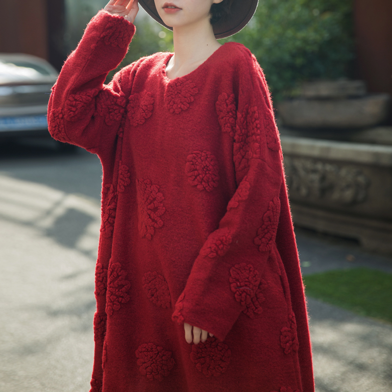 羊毛高级红立体提花原创连衣裙