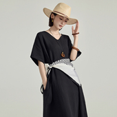 Miss原创 高级感轻奢简约黑色纯亚麻袍子连衣裙宽松大牌显瘦长裙