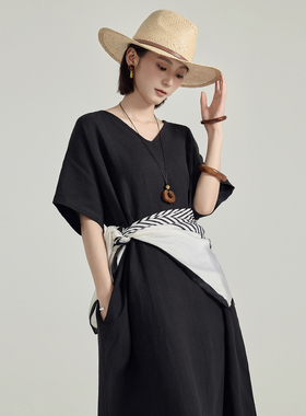 Miss原创 高级感轻奢简约黑色纯亚麻袍子连衣裙宽松大牌显瘦长裙