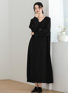 Miss原创 优雅气质女人味烫钻黑色袍子连衣裙显瘦法式轻奢长裙春