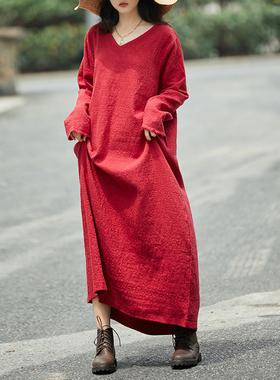 高端定制提花酒红全亚麻连衣裙女长袖宽松大码显瘦复古袍子春秋款