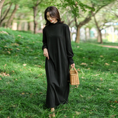 黑色德绒半高领打底连衣裙春秋显瘦原创灯笼袖 超值入 经典 长裙女