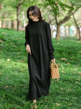 超值入！经典黑色德绒半高领打底连衣裙春秋显瘦原创灯笼袖长裙女