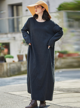 暗黑系黑色立体提花亚麻袍子长袖原创2025秋款百搭连衣裙大码宽松